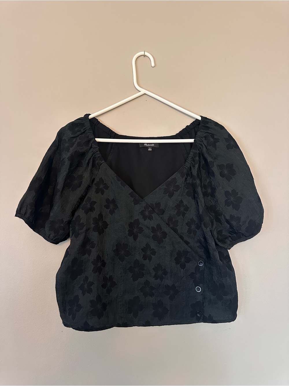 Madewell Black Floral Puff-Sleeve Wrap Blouse